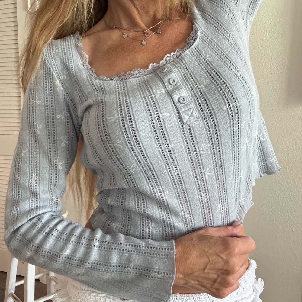 Pink Rose Pale Blue Knit Top with Lace Trim
